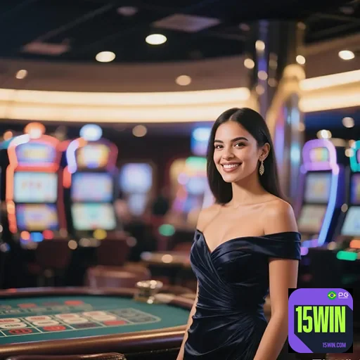 Imagem de um cassino com o logo 15win, destaque para o site 15win, ambiente de jogos e apostas online.